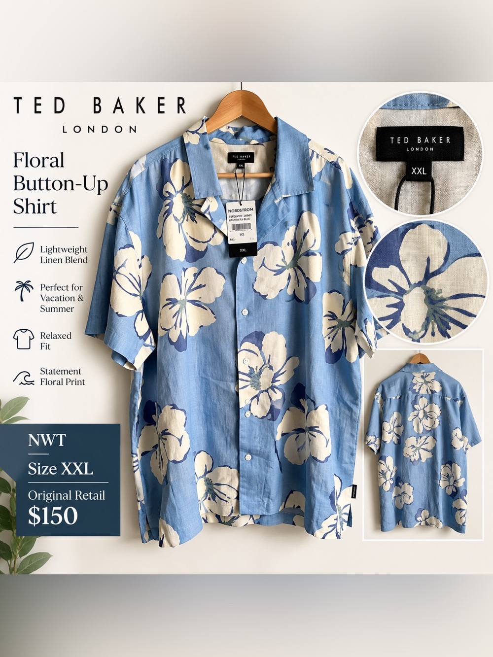 NWT Ted Baker Floral Button Up Shirt Blue XXL Hawaiian Camp $150
